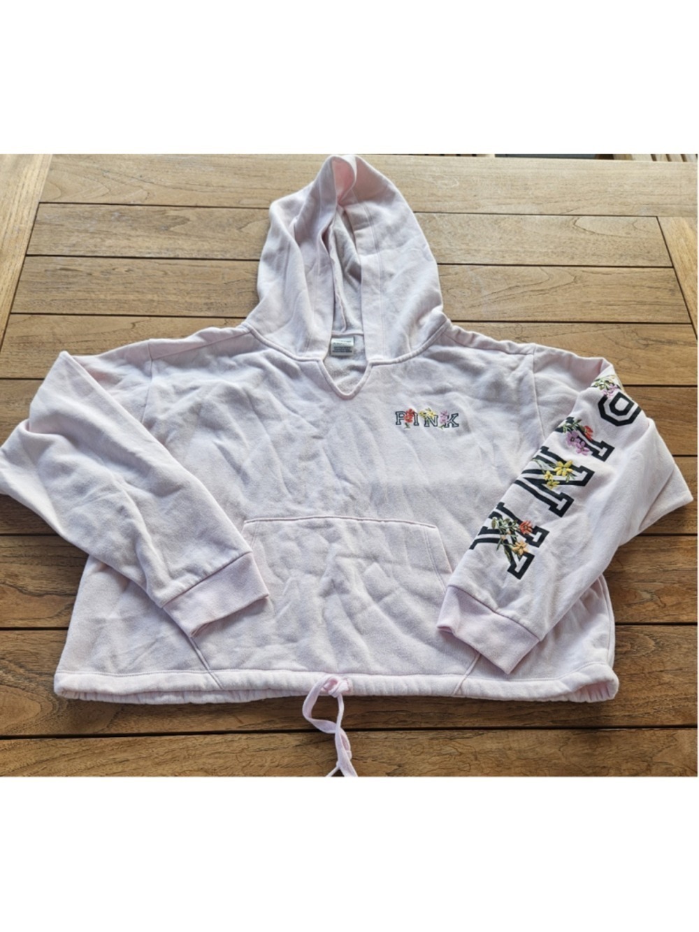 Victoria's Secret PINK Floral Embroidered Cropped Pullover Hoodie Cinch Waist XL